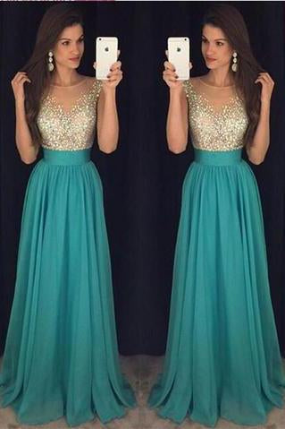 Sexy Crew Neck Chiffon Long Tulle Beaded Stones Top Floor Length Prom Dresses JS162