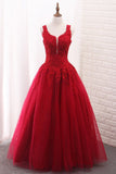 A Line Tulle Straps Prom Dresses With Applique And Beads Floor Length