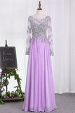 A Line Long Sleeves Scoop Chiffon Prom Dresses With Applique