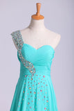 Prom Dress One Shoulder Ruffled Bodice With Rhinestone Beaded Strap