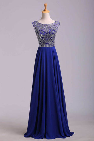 Hot Selling Prom Dresses Dark Royal Blue A-Line Scoop Floor-Length Chiffon