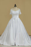 New Arrival Wedding Dresses V Neck Short Sleeves Satin A Line