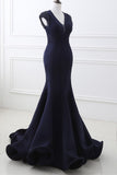 Mermaid V Neck Satin Evening Dresses With Beading Sweep Train