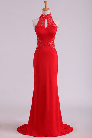 Red High Neck Open Back Prom Dresses With Applique Sweep Train Spandex