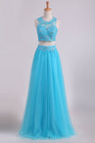 Two Pieces Scoop Prom Dresses A Line With Applique & Beading Tulle