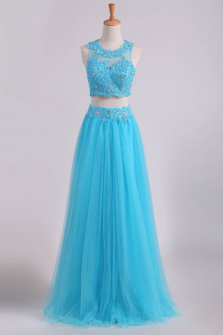 Two Pieces Scoop Prom Dresses A Line With Applique & Beading Tulle