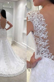 Mermaid/Trumpet V-Neck Tulle Wedding Dresses With Appliques Cap Sleeves Zipper Up