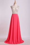 V Neck Beaded Bodice Prom Dresses A Line Sweep Train Chiffon&Tulle