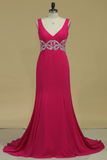 Fuchsia Straps Prom Dresses Beaded Waistband Mermaid Sweep Train Chiffon