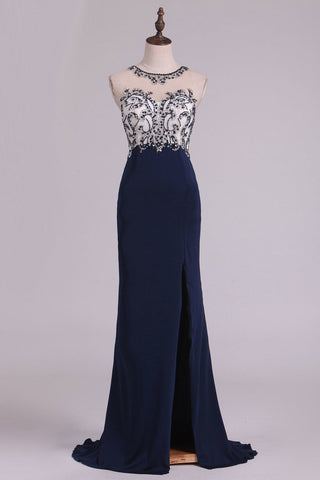 Sexy Open Back Prom Dresses Sheath Scoop Spandex With Beading And Slit