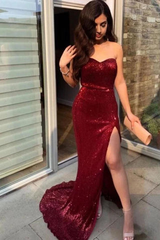 Sexy Strapless Split Mermaid Prom Dresses, Charming Sweetheart Shiny Evening Dress