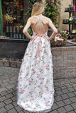 A Line V Neck Spaghetti Straps Flower Lace Long Prom Dresses Party Dresses