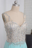 Open Back V Neck Beaded Bodice Prom Dresses A Line Chiffon Floor Length