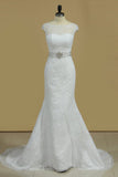 Scoop Cap Sleeves Mermaid Wedding Dresses Beaded Waistband Lace