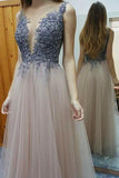 Deep V-Neck Open Back A Line Prom Dresses Beaded Bodice Floor Length