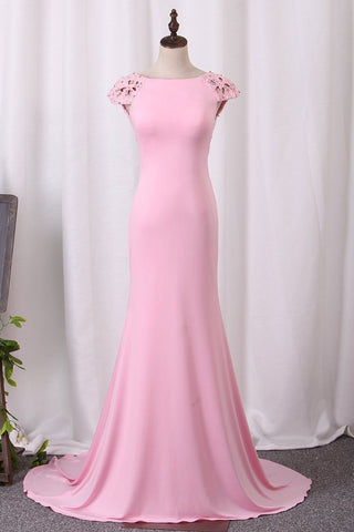 Evening Dresses Mermaid Spandex Scoop Cap Sleeves With Beading