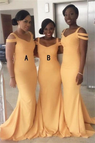 Sheath Memraid Elegant Simple Cheap Long Yellow Bridesmaid Dresses