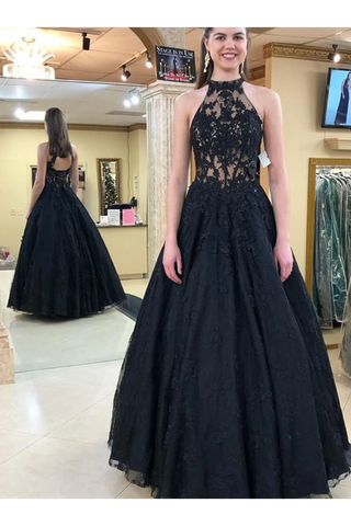 Halter Neckline Black Long Prom Dresses Formal Evening Dress Tulle SJSPJHYQ138