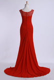 Prom Dresses Off The Shoulder Pleated Bodice Sheath/Column Beaded Court Train