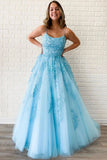 Unique A-Line Sky Blue Tulle Appliques Beads Scoop Prom Dresses with Lace SJS20453