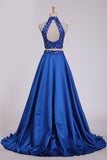 Two Pieces High Neck A Line Prom Dresses Beaded Bodice Satin Open Back