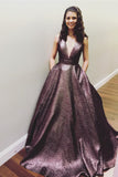 Elegant Deep V Neck Chocolate Brown Long Ball Gown Prom Dresses with Pockets JS842