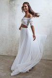 A-Line Long Lace Ivory Chiffon Off the Shoulder Short Sleeve Two Pieces Wedding Dresses