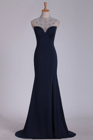 Spandex Prom Dresses High Neck With Beading Sweep Train Sheath