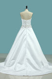 Satin Wedding Dress Strapless A Line With Beads And Ruffles Chapel Train