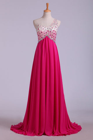 Prom Dresses A Line One Shoulder With Beading Tulle & Chiffon Sweep Train