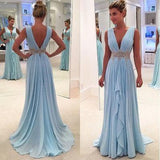 Charming A-Line Chiffon Long Backless Green Cap Sleeve V-Neck Floor-Length Prom Dresses JS39