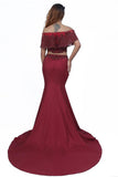 Elegant Mermaid Off the Shoulder Two Pieces Beades Burgundy Prom SJS20416