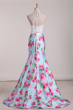 Two Pieces Halter Mermaid Floral Prom Dresses Sweep Train