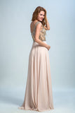 Prom Dresses A-Line Scoop Beaded Bodice Floor-Length Chiffon Zipper Back