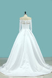 Boat Neck Wedding Dresses Mid-Length Sleeves Satin With Applique