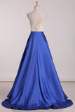 Scoop Beaded Bodice A Line Prom Dresses Satin Sweep Train