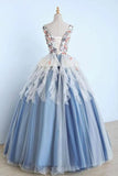 Princess Ball Gown Appliques Blue Tulle Prom Dresses, Sweet 16 Dress, Quinceanera Dress SJS15289