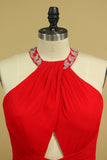 Red Plus Size Scoop Prom Dresses Floor Length Spandex With Beading And Ruffles