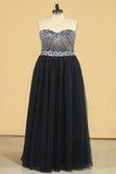 Dark Navy A Line Prom Dresses Sweetheart Beaded Bodice Tulle Zipper Up