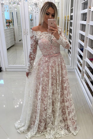 Off The Shoulder Long Sleeves Lace A Line With Beads And Sash Prom Dresses