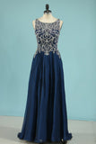 A Line Prom Dresses Scoop Chiffon With Beading Sweep Train