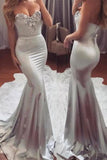 Sexy Silver Prom Dresses Mermaid Sweetheart Elastic Satin Zipper Up With Beadings