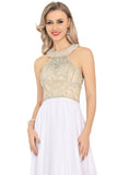 Halter Beaded Bodice Prom Dresses A Line Chiffon Sweep Train