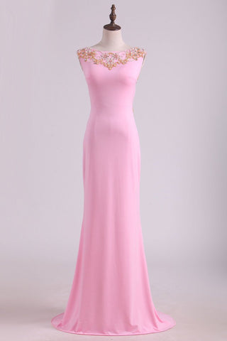 Prom Dresses Sheath Scoop Spandex With Beading Floor Length