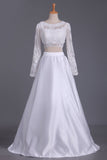 Two-Piece Bateau Long Sleeves Prom Dresses Satin Floor Length