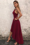 Unique A Line Burgundy High Low Sleeveless Backless Prom Dresses, Cheap Evening Dresses SJS15450