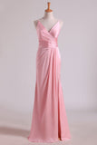 Bridesmaid Dresses V Neck A Line Chiffon With Slit And Ruffles