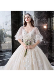 Princess Half Sleeve Ball Gown Wedding Dresses Appliques V Neck Bridal SJSPYYC62LK