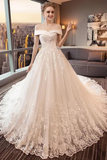 Gorgeous Off The Shoulder Lace Cathedral Train Wedding Dresses Princess Bridal SJSPT58L82L