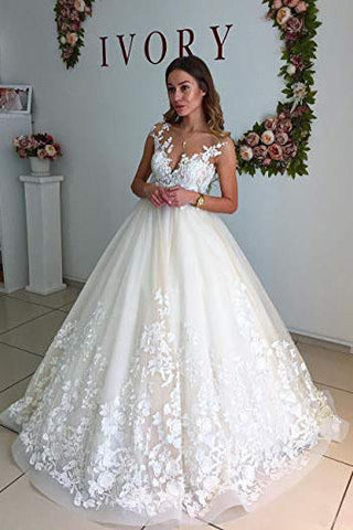 Ball Gown Lace Appliques Tulle Backless Cap Sleeve Wedding Dresses Bridal Dresses JS333